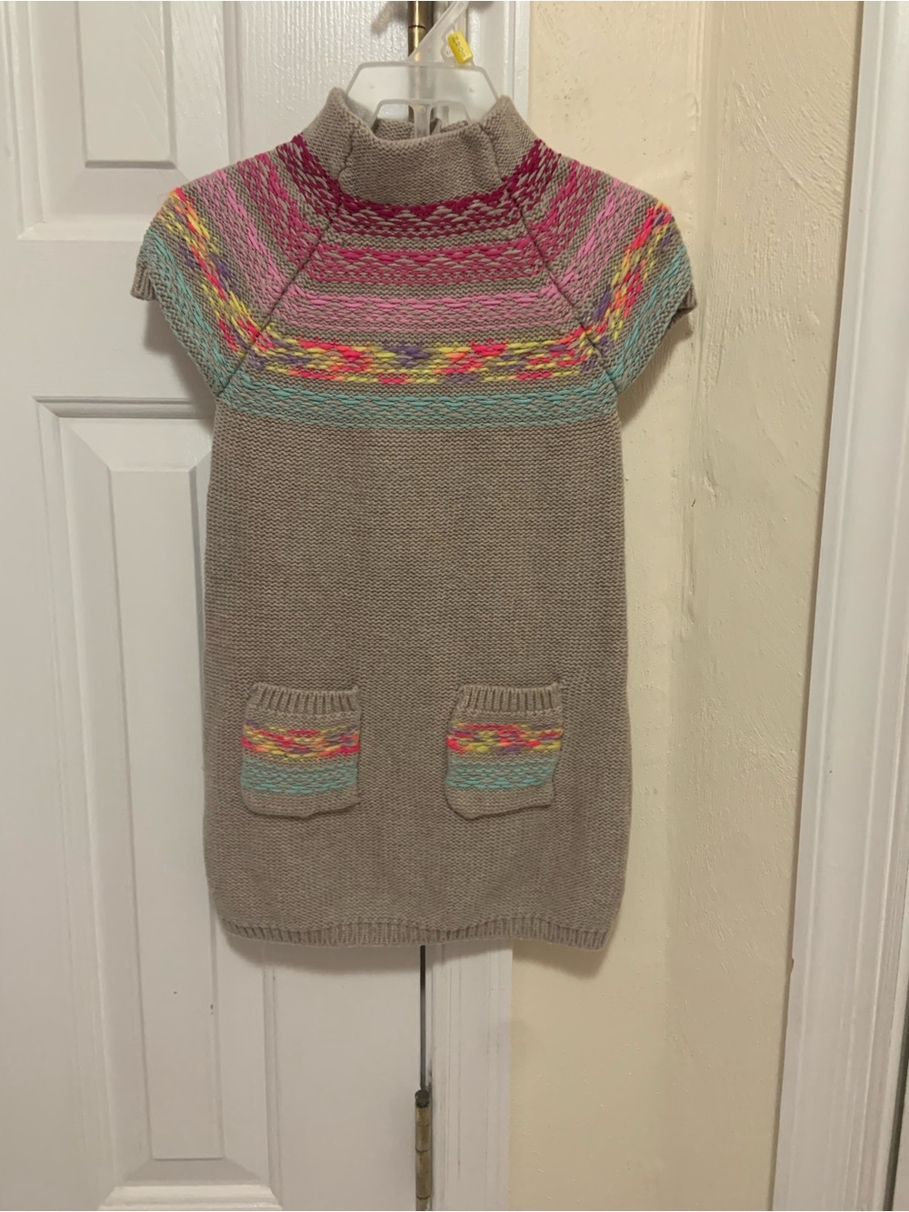 Girls Taupe Knit Dress with Pink & Aqua Fair Isle Yoke